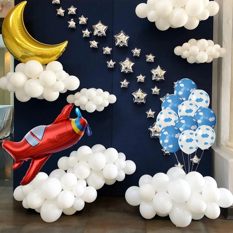 Globo de látex de 12 pulgadas para decoración de fiesta de cumpleaños, globo de nube azul y blanca, pancarta de avión, 10 unidades