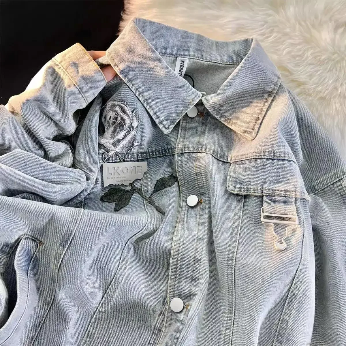 American rose denim jacket female autumn new design sense niche loose heavy industry lace loose casual Joker jacket top