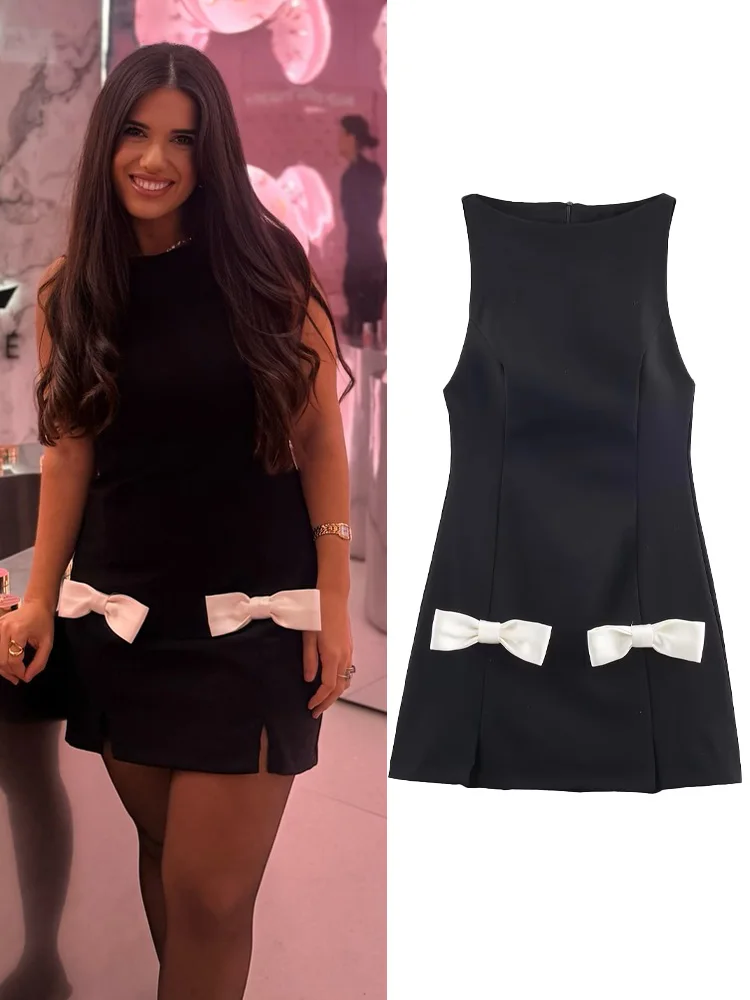 

HH Woman Spring Fashion Sleeveless Round Neck Princess Style Bow Decoration Contrasting Colors Dress Female Elegant Mini Dress