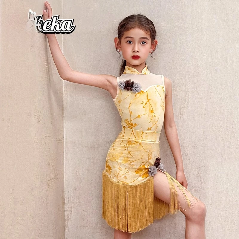 زي الرقص اللاتيني للفتيات 2025 جديد للربيع والصيف بدون أكمام، مجموعة تنورة مهدب، بدلة ممارسة الأداء