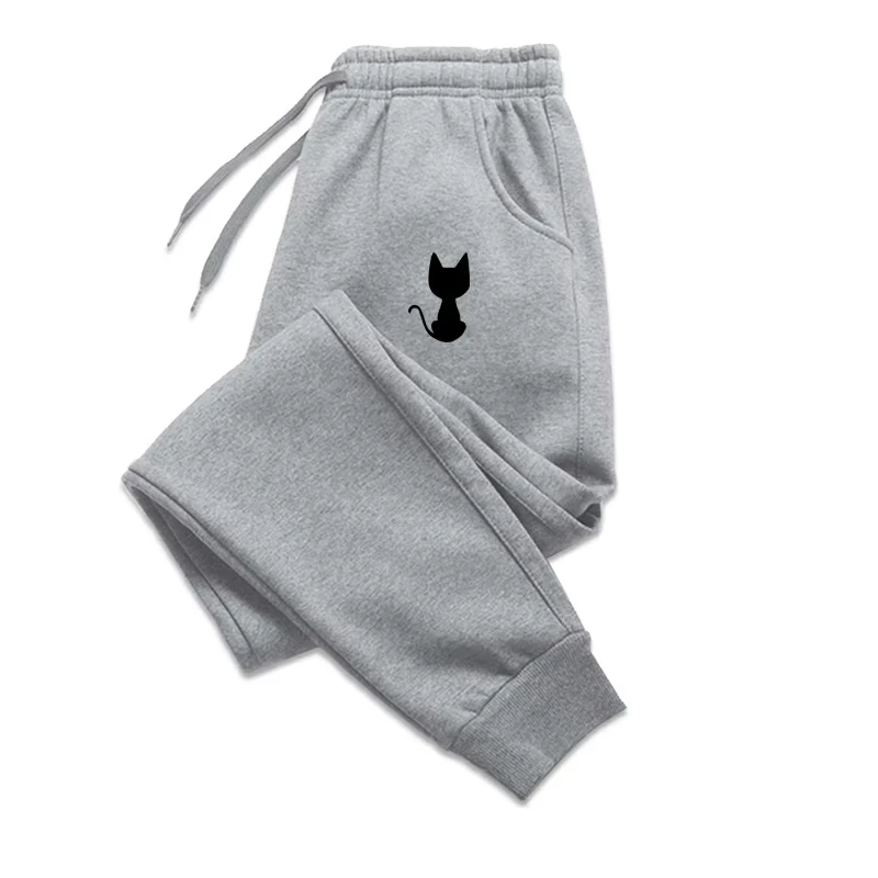 Cat Printing Autumn And Winter Fleece Women Clothing Trousers Fashion Drawstring Casual Sweatpants Jogging Sports Pants