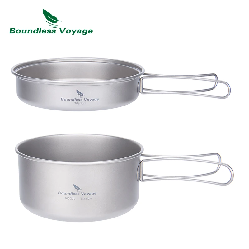 Boundless Voyage 1000ml & 500ml Titanium Pot Pan Set Camping Cookware Lightweight Outdoor Travel Backpacking Kitchen Cooking Kit