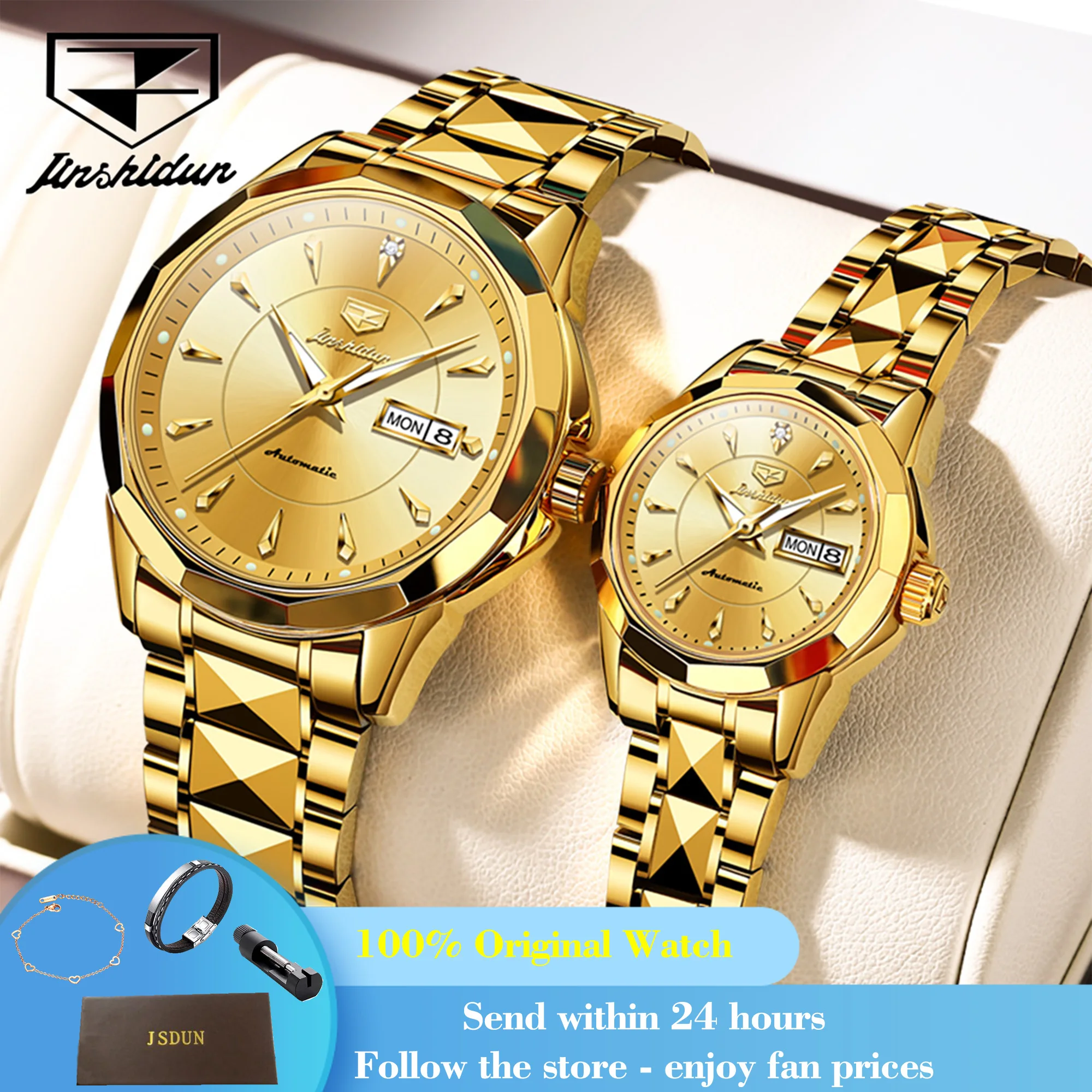 JSDUN 8936 Luxury Business Automatic Couple Watches Week Calendar Display Mechanical Watch Fashion Waterproof Dress Wristwatch