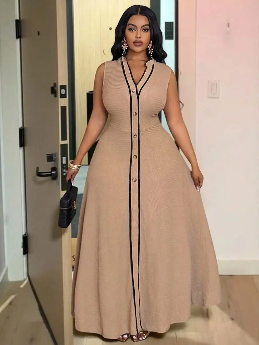 

Khaki And Black Contrast Trim V-Neck Sleeveless A-Line Maxi Dress For Women Casual Elegant Party Daily Wear