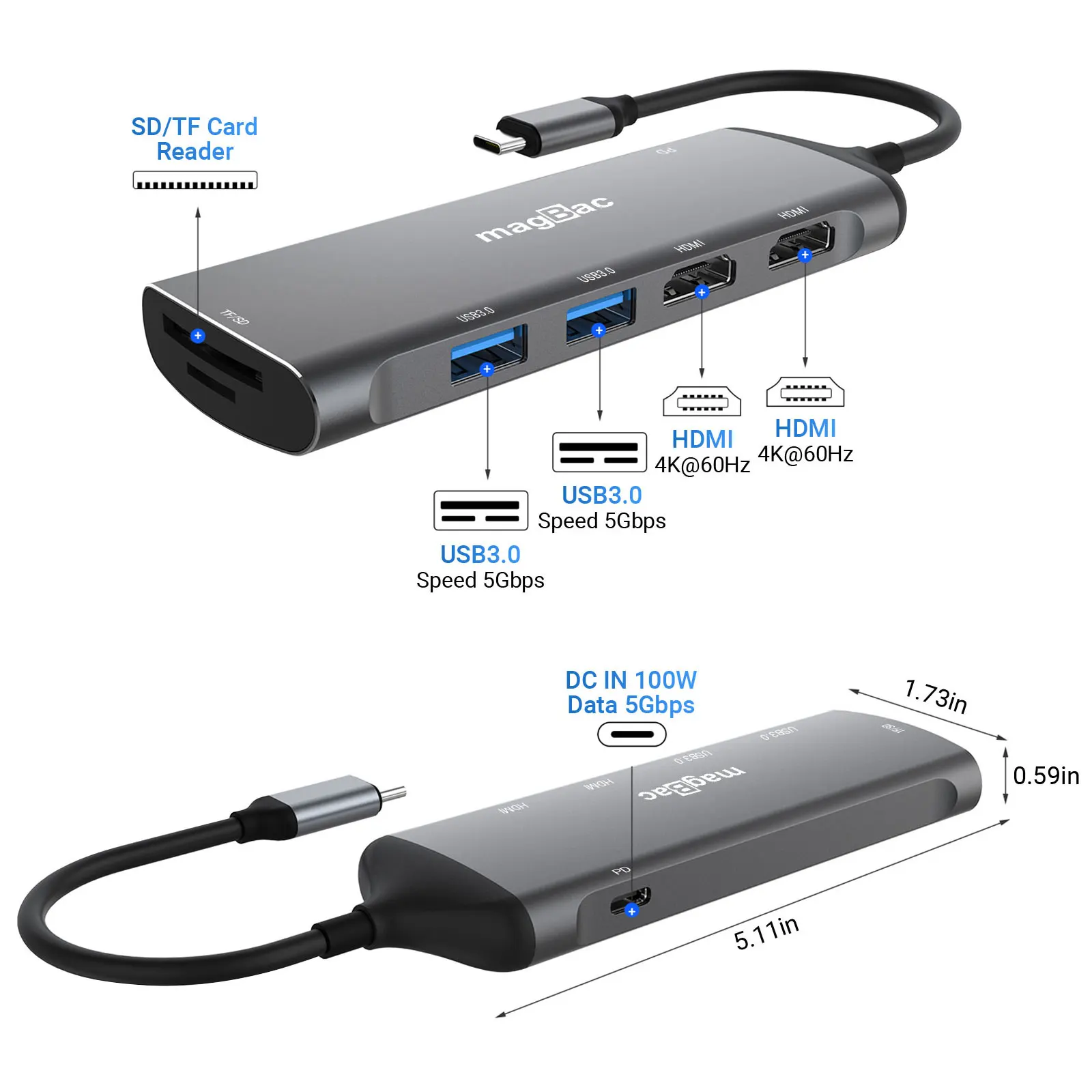 Imagem -02 - Portátil 100w Base tipo c para Thunderbolt Macbook Lenovo Thinkpad Estação de Ancoragem Usb c Hub Dual Hdmi 4k 60hz sd tf pd Dell hp