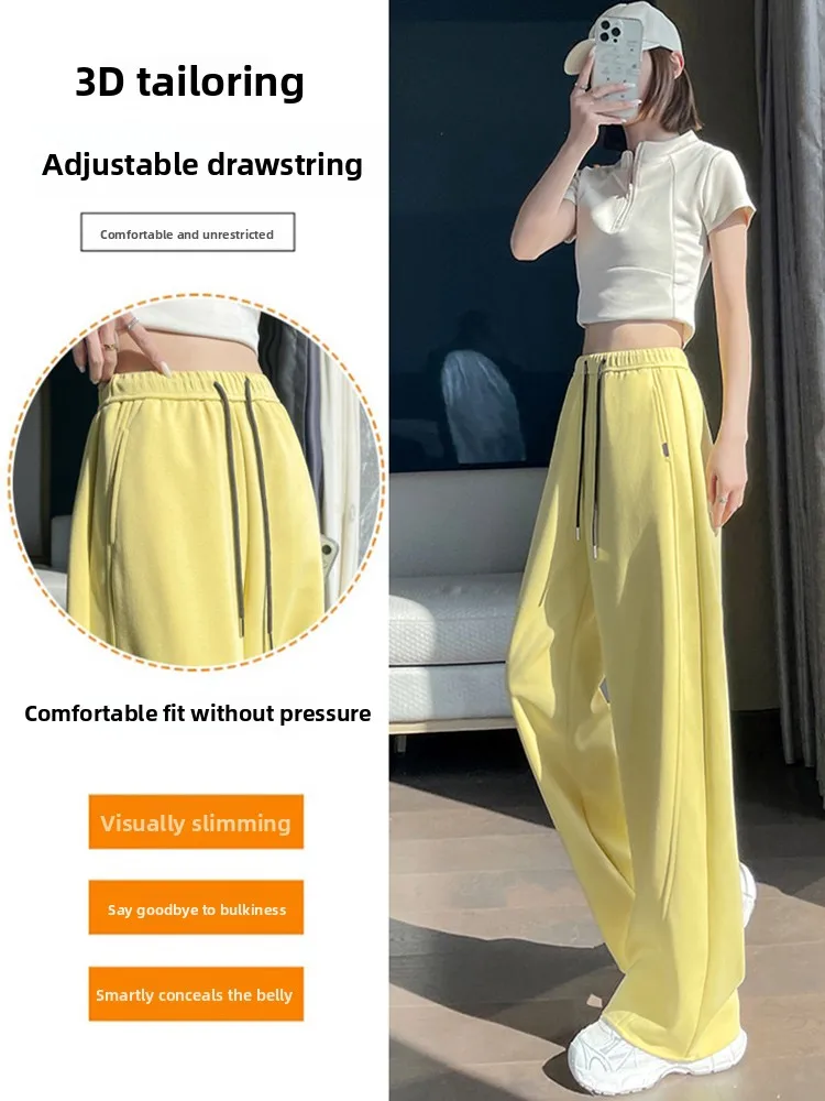 Pantalon de sport jaune à jambes droites pour femmes, ample, décontracté, jambes larges, Dopane Sle, taille haute, Long, printemps automne