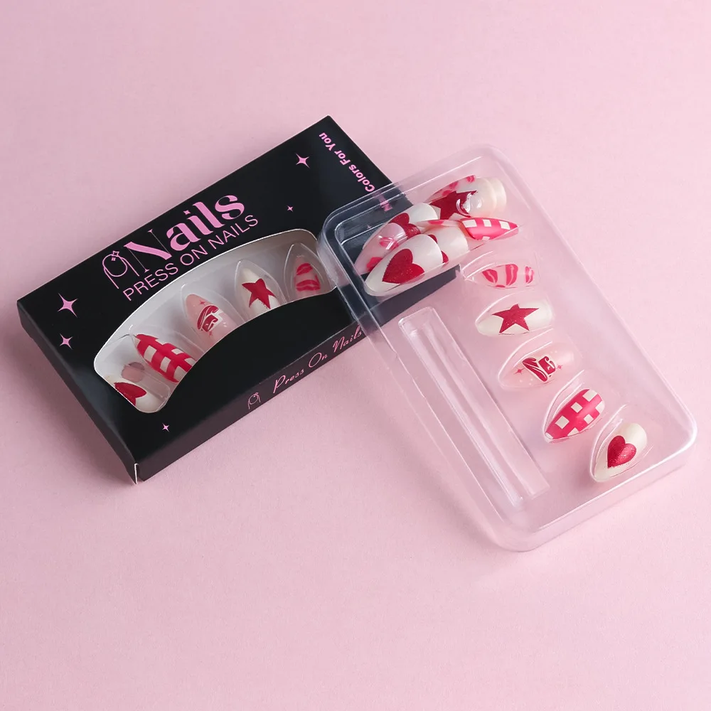 24 قطعة عيد الحب وهمية مسمار نصائح الأحمر القلب ستار الكرز طباعة اضغط على الأظافر يمكن ارتداؤها فتاة حلوة Ins اللوز الأظافر كاذبة #5