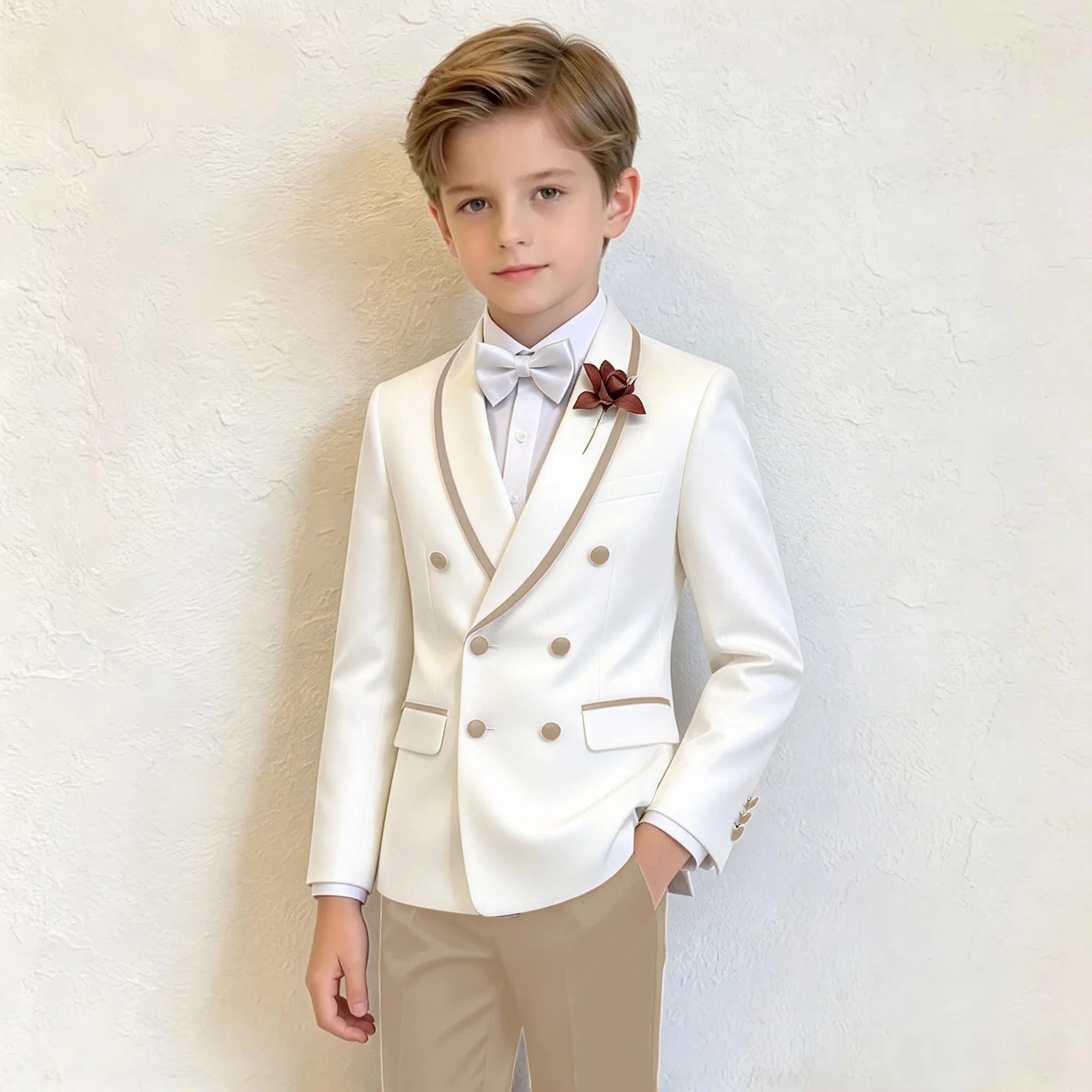 Handsome White Double Breasted Formal Boys Suit Set Shawl Lapel Wedding Birthday Party Tuxedo Costume Kids Blazer Pants Clothes