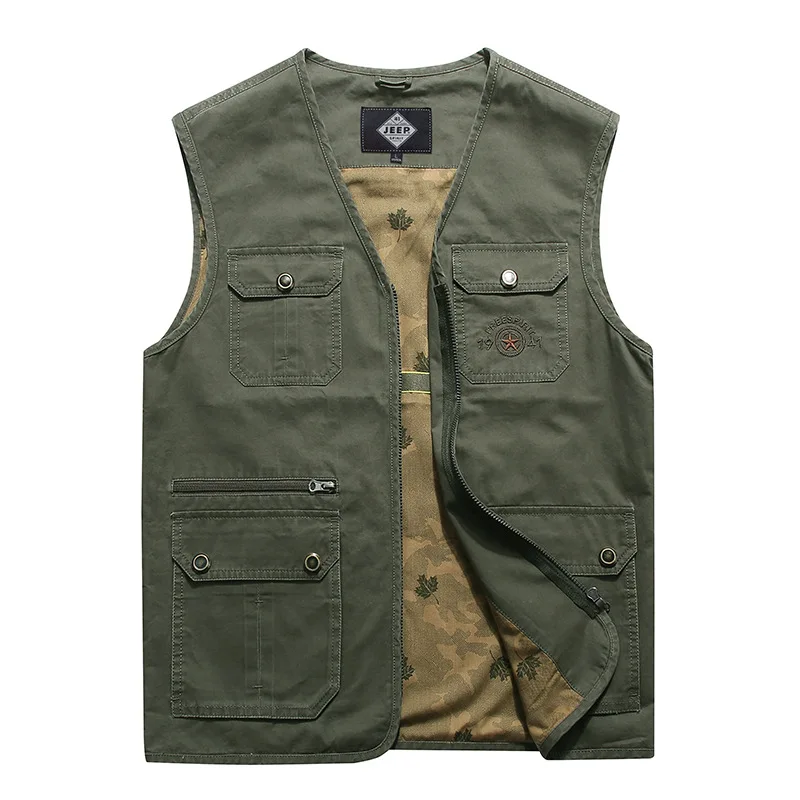 

Men's casual V-neck vest cotton waistcoat with multi-pocket vest