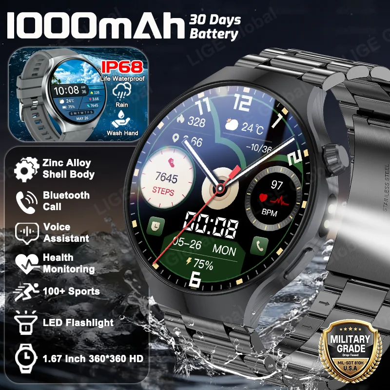 LIGE New Smart Watch Man 1000mAh Long Standby Outdoor Smartwatch Men IP68 Waterproof Heart Rate Sport BT Call Big Battery Watch