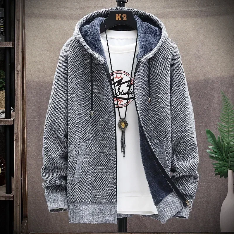 Men Hooded Cardigan Sweater Jacket Coat 2024 Winter New Fleece Thick Warm Solid Casual Knitted Cardigan Outerwear Men Clothing