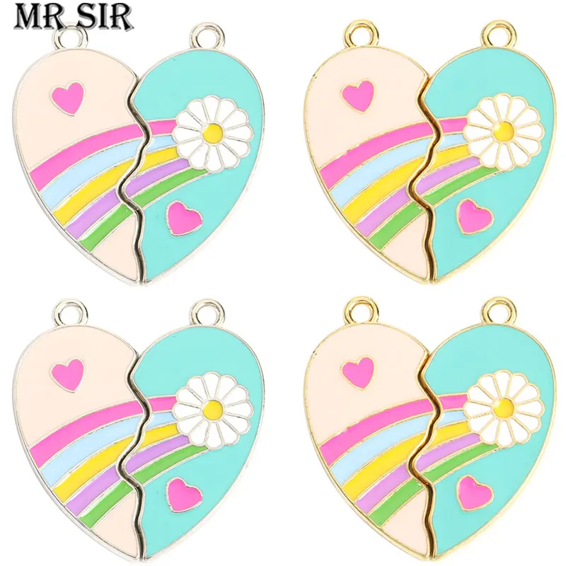 5set Creative Enamel Rainbow Flower Heart Charms Romantic Sweet Couple Friendship Necklace Bracelet Jewelry Making Pendants Gift