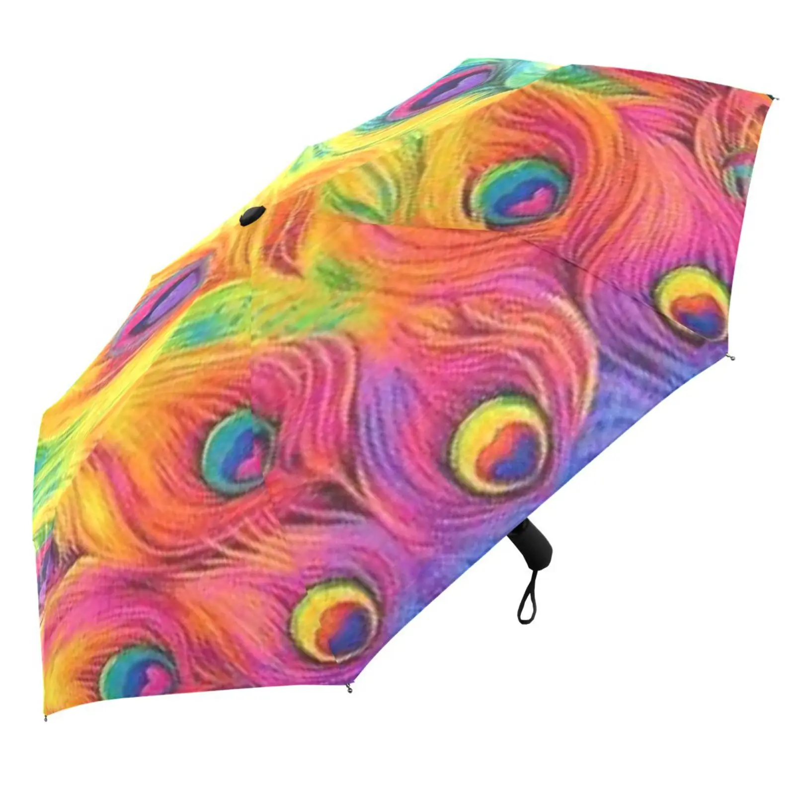 New Colorful Peacock Feather Three Folding Umbrella Rain Women Sun Protection Fully Automatic Umbrella Male Portable Parasol