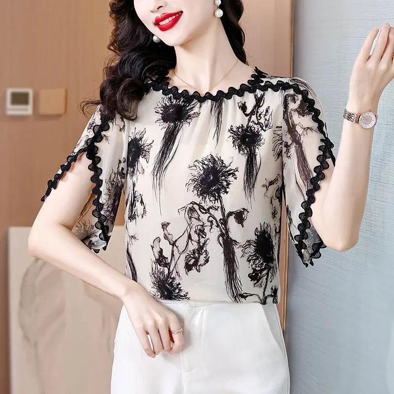 

Stylish Design Flutter Sleeve Chiffon Blouse Short Sleeve Women's Summer Fashionable Floral Beautiful Temperament Top