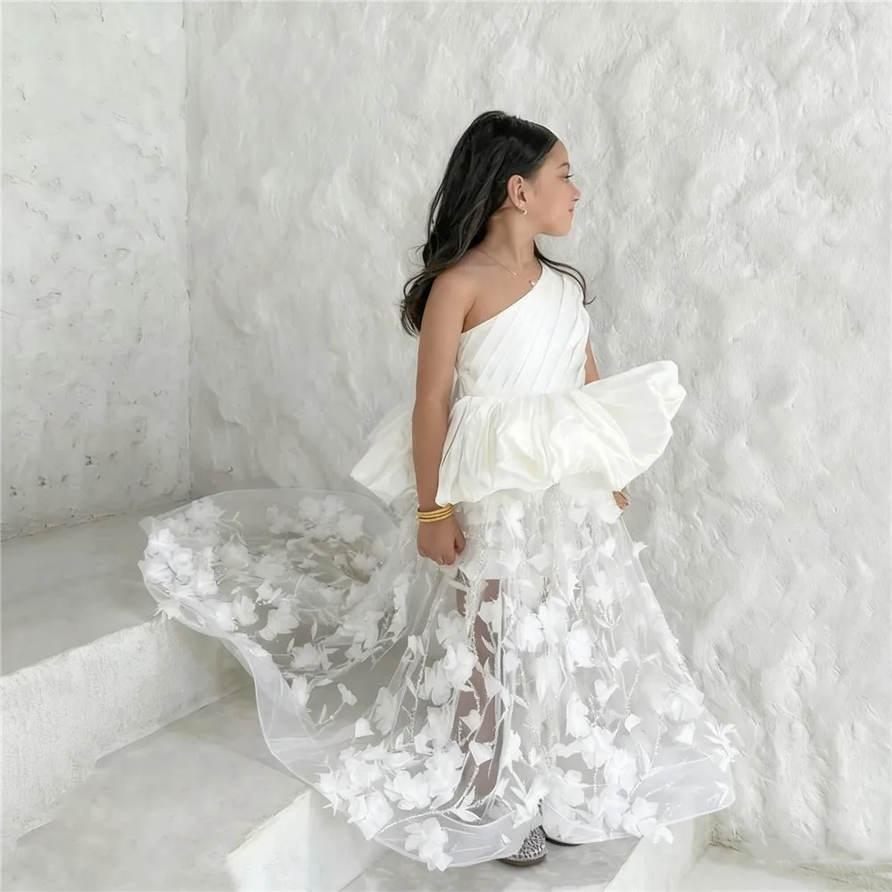 

Customized Flower Girl Wedding Dress One Shoulder Appliques Floral Girls Birthday Party First Communion Gown vestidos de novia