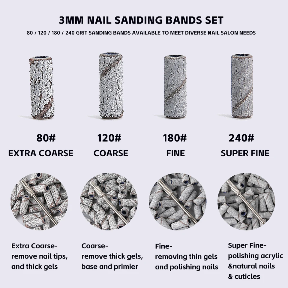Set de 50/100 piezas de bandas de lijado pequeñas de 3mm para torno de uñas, fresado y manicura de salón, granos 80/120/180/240, accesorio de papel de lija 3