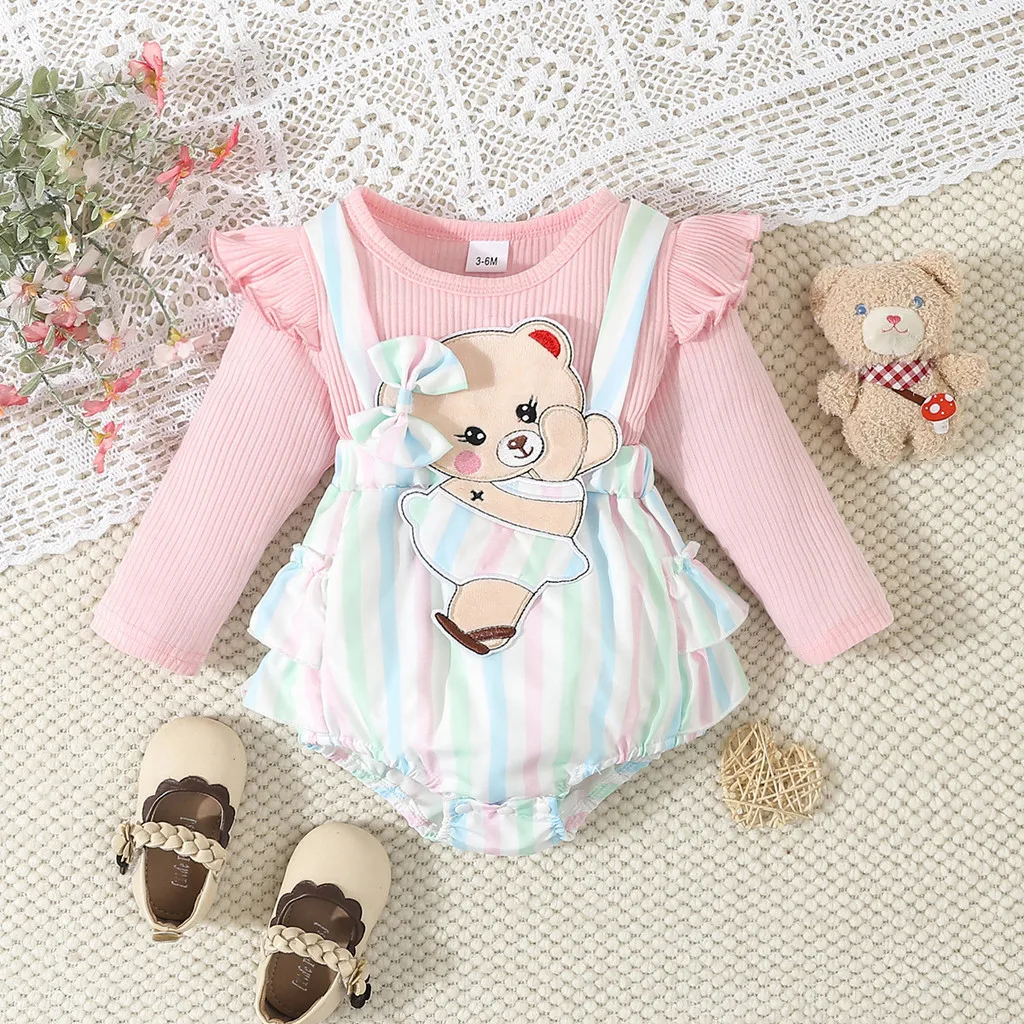 0-18 Months Newborn Baby Girl Cute Teddy Bear Long Sleeved Bodysuit Dress for Infant Girl Fashion Costumes Autumn One Piece