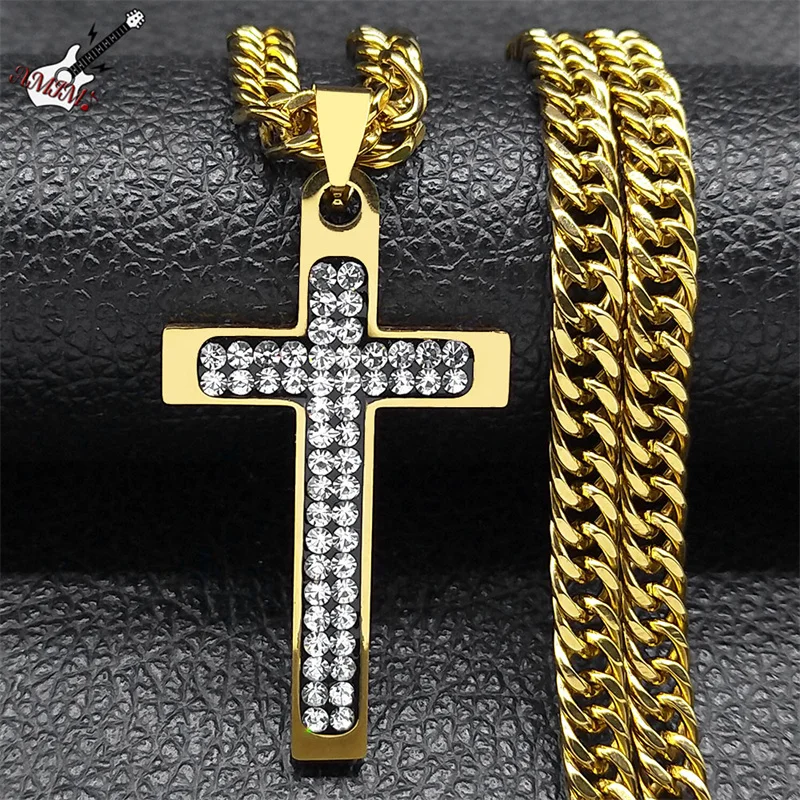 Punk Hip Hop Gothic Cross Necklace for Men Women Stainless Steel Crystal Christian Male Chain Jewelry corente masculina NZZZ493