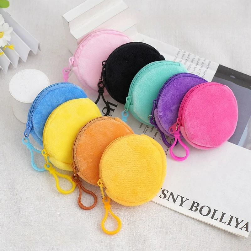 Cute Candy Color Plush Storage Bag Round Key Coin Change Cosmetic Lipstick Backpack ID Card Ziplock Sac Organizer Travel Tote