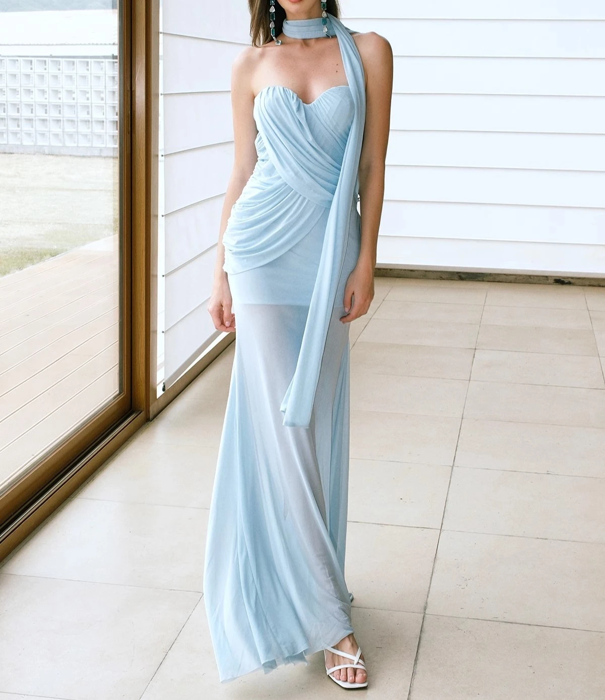 Blauwe mesh jurk dames slash hals mouwloze elegante maxi vestidos bodycon streetwear strapless kleding dame verjaardagsfeestje