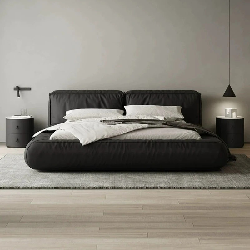 Italian Minimalist Oversized Tofu Block Leather Bed Modern Scandinavian Solid Wood Double Bed for Master Bedroom furniture