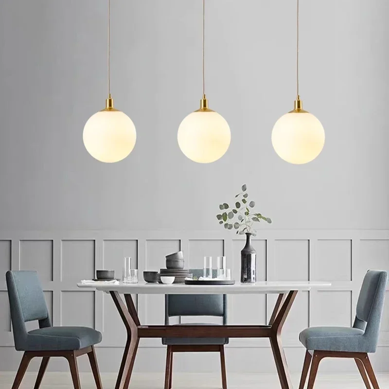 Nordic LED Pendant Light Modern Minimalist Coffee Shop Dining Room Light Milky Glass Orb Chandelier Indoor Home Decoration Light