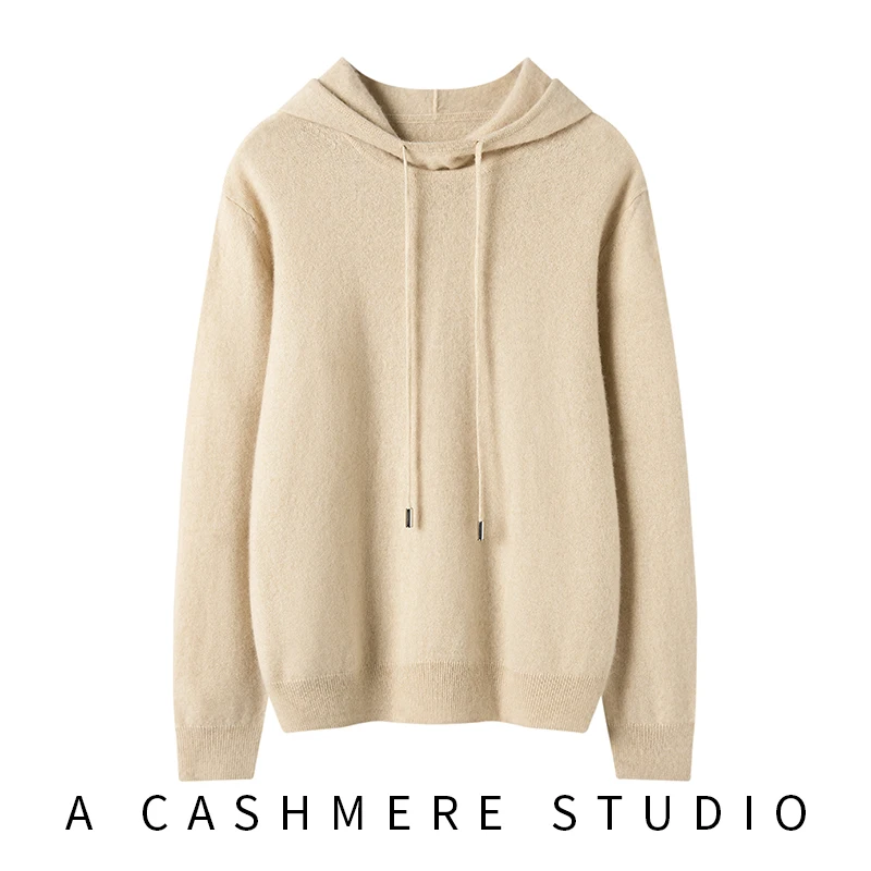 High-End Autumn Winter New Women 100% Cashmere Sweater Solid Tops Outwear Lady Soft Warm Hooded Knitted Pullover Girl Clothes