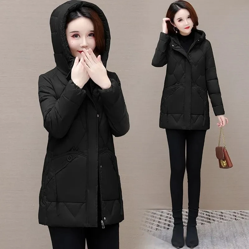 Womens Cotton-Padded Coat 2024 New Winter Puffer Jacket Mid-Length Warm Down Cotton Parkas Coat Mom Outwear Casual Hooded Jacket