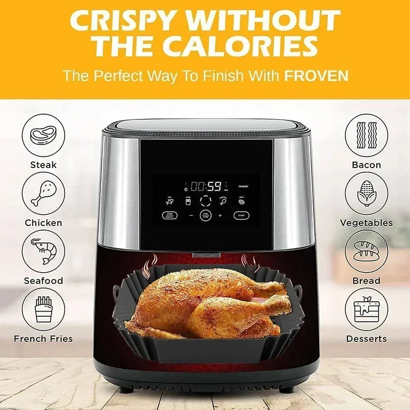 Cesta de fritadeira de ar de silicone, forro de panela reutilizável quadrado redondo para pizza, frango frito, acessórios de cozimento, 1 peça