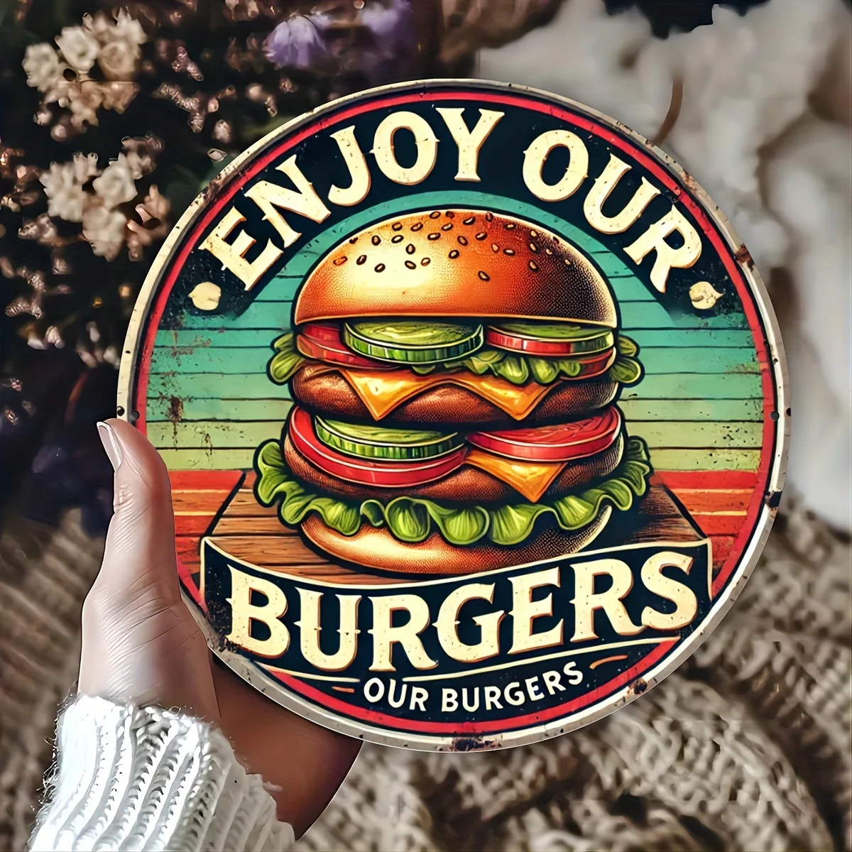 Letrero de aluminio vintage para hamburguesa, 7,8x7,8 pulgadas, placa artística de pared Enjoy Our Burger, resistente a los rayos UV y decoración duradera para el hogar, bar