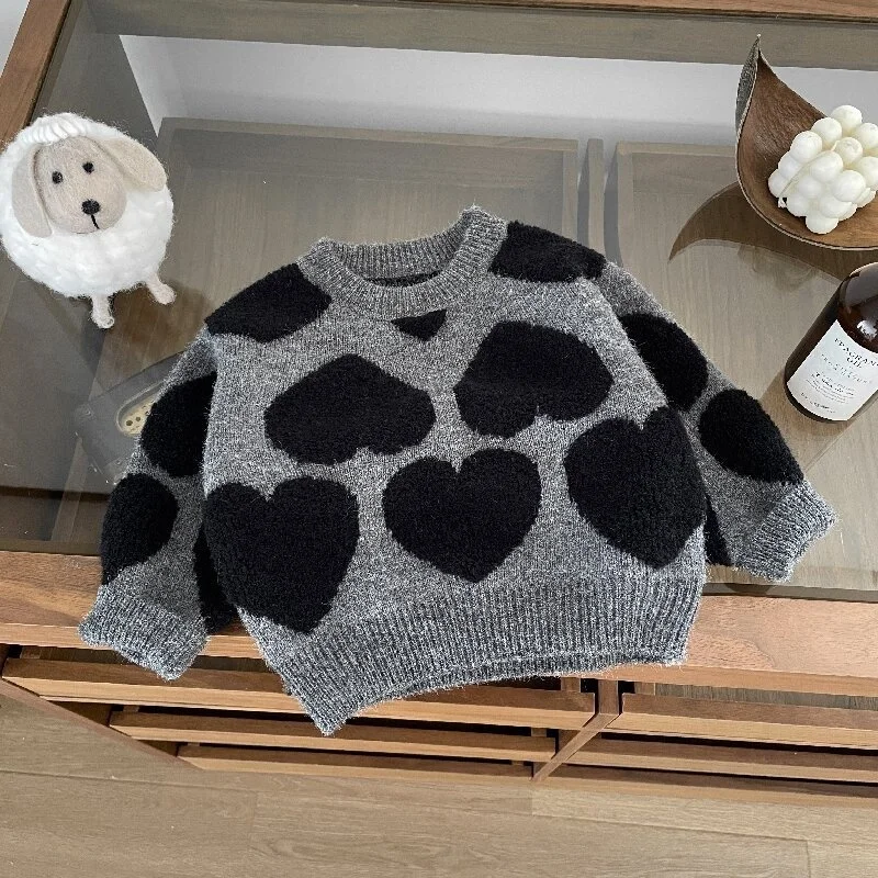 Warmer Pullover für Jungen und Mädchen, Oberteil für Kinder, 2025, Winter-Herz, beige, koreanische Strickwaren, Baby-verdicktes Oberteil, 0–4 Jahre alte Kinderkleidung