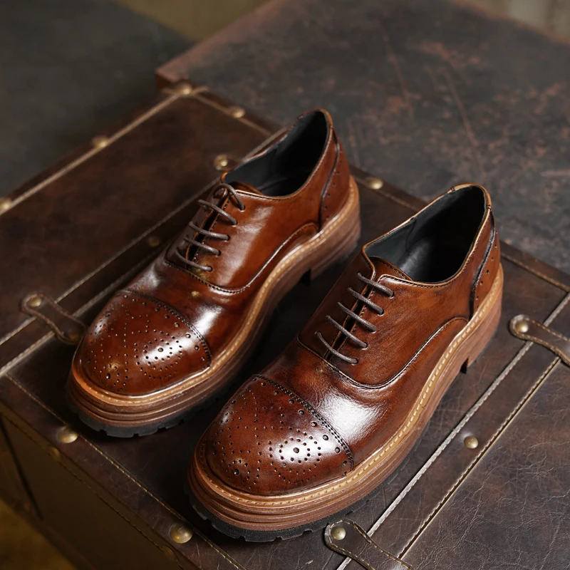 

American Retro Genuine Leather Men's Shoes Oxfords British Fashion Thick Sole Casual Office Party Wedding Derby Shoes Male