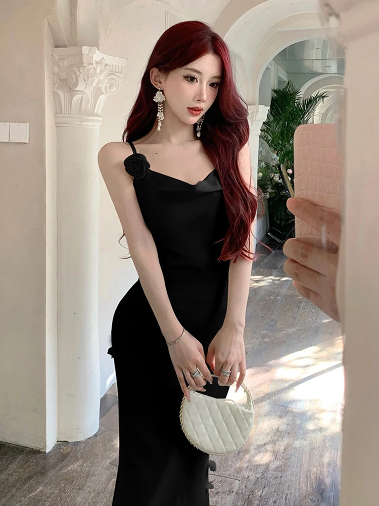 Summer Y2K Sweet Floral Vacation Evening Dress Women Clothes Elegant Sexy Strap Slim Fishtail Maxi Party Birthday Vestidos Robe