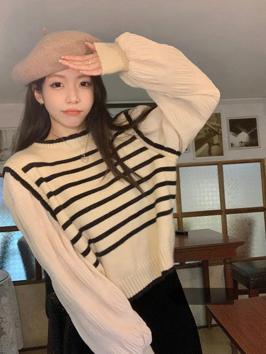 

Модный вязаный свитер в полоску Bubble Sve, женский зимний дизайн, свитер Agel Fake, двухсекционный кардиган, корейский S...