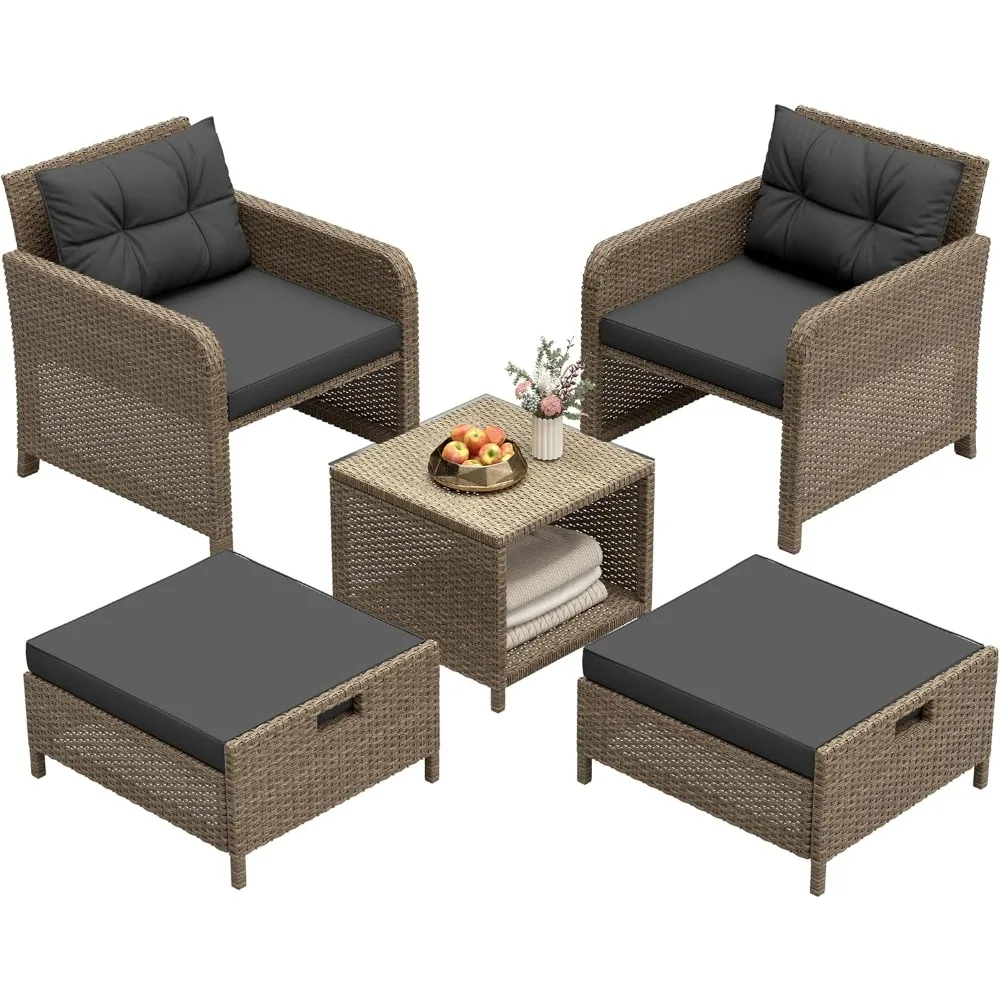 

5 Pieces Patio Set, PE Rattan Patio Conversation Set with Soft Cushions & Coffee Table, Outdoor Chairs with Hidden Ottoman for P