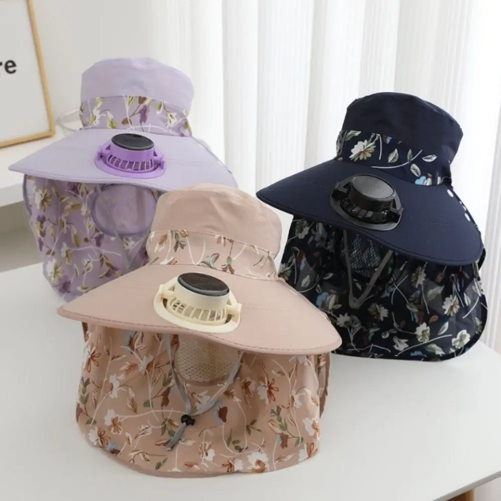 

Anti-UV Solar Fan Cap Breathable 300MA Current Cooling Fan Hat Long Sun Shield Floral Design Fisherman Hat Cycling