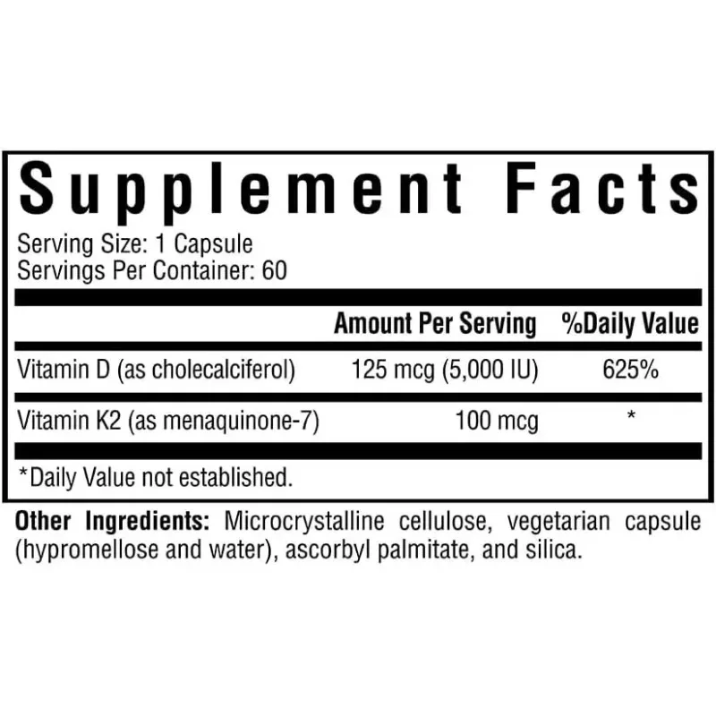 Vitamin D3+K2, D3， Promote Circular Health | Support Bone and Immune Health | 60 Vegetarian Capsules