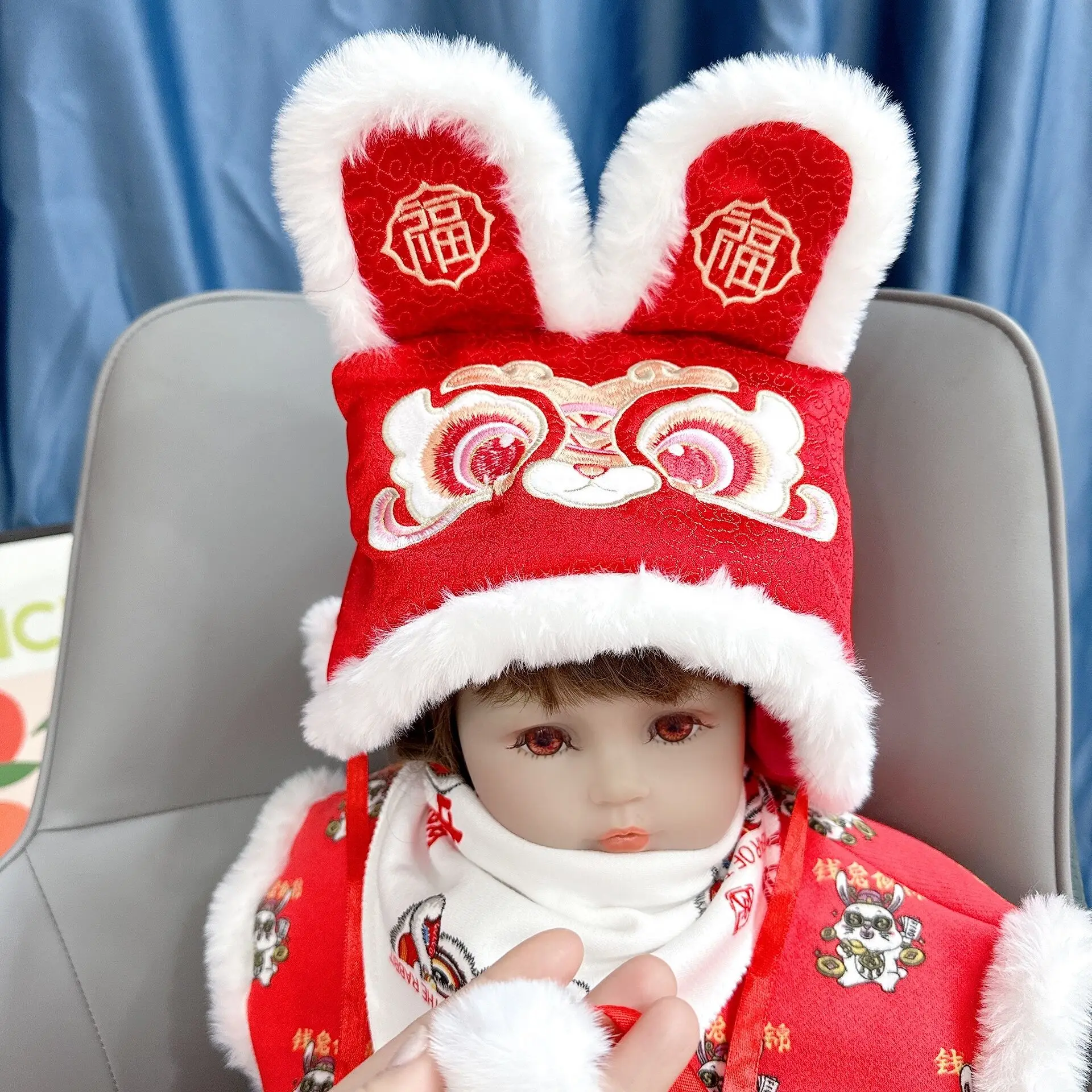 Chinese Style Baby Girl Rabbit Head Hat Baby Toddler New Year Tiger Hat Red