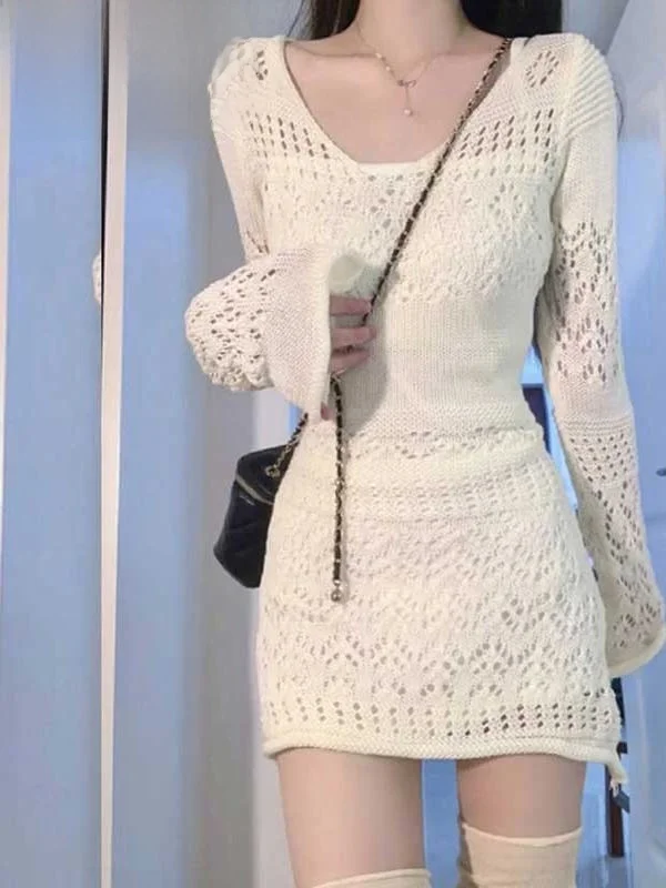 Elegant Hollow out Knitted Dress Women's Spring Autumn Sweet And Spicy Style Bodycon Tea Break Skirt Fashion Commute Style