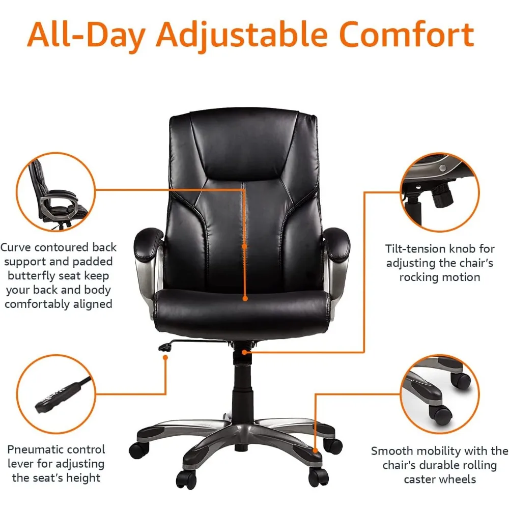 Executivo Home Office Desk Chair, braços acolchoados, altura e inclinação ajustáveis, cadeira giratória de rolamento, 275 libras