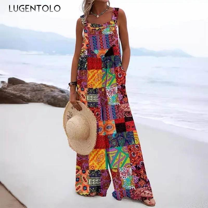 Women Elegant Jumpsuits Fashion Prints Off-the-shoulder Buttons Overalls High Waist Wide-leg Pants Holiday Street Available 5XL