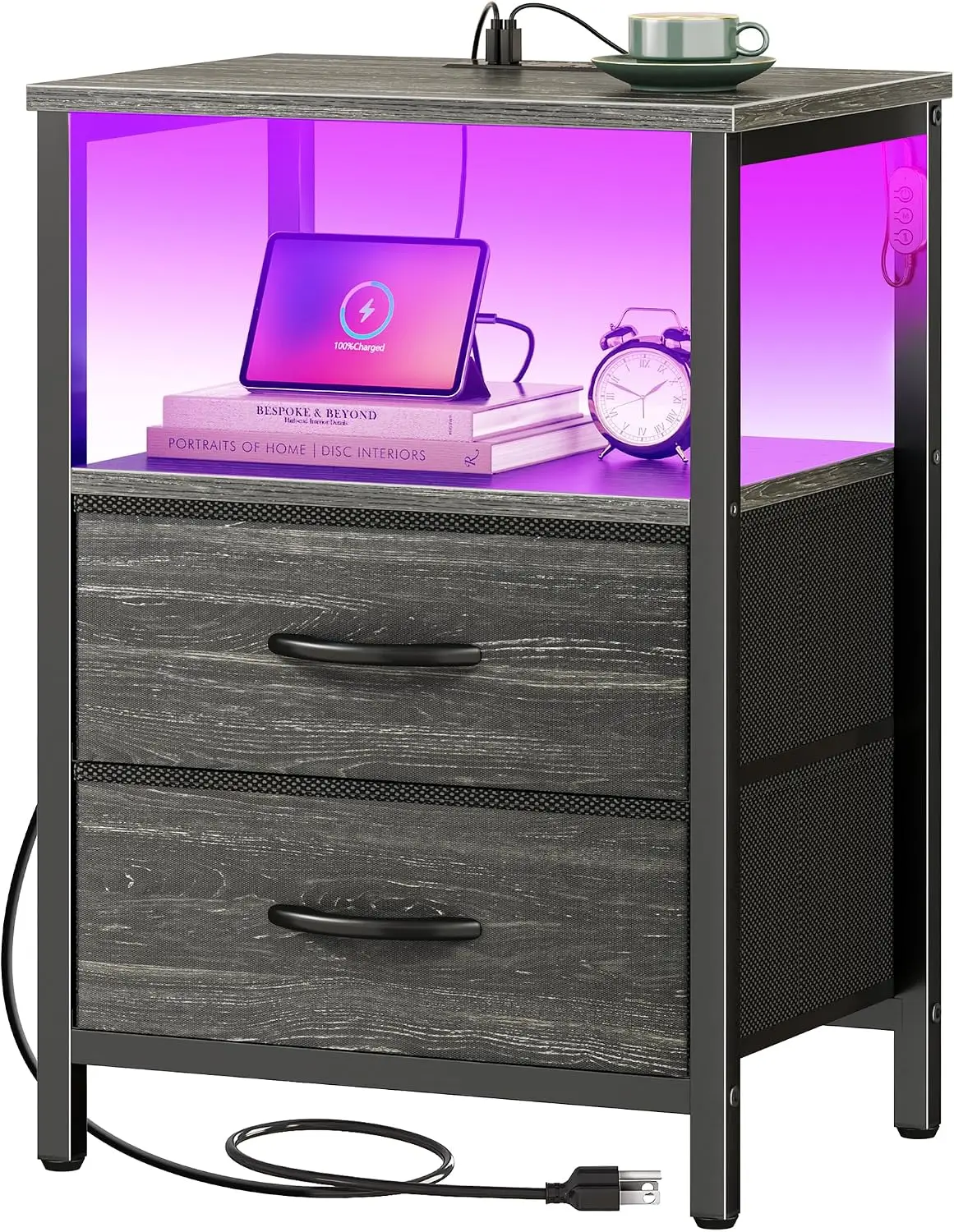 Nightstand with LED Lighting and Charging Station, 2-Drawer Bedside Table