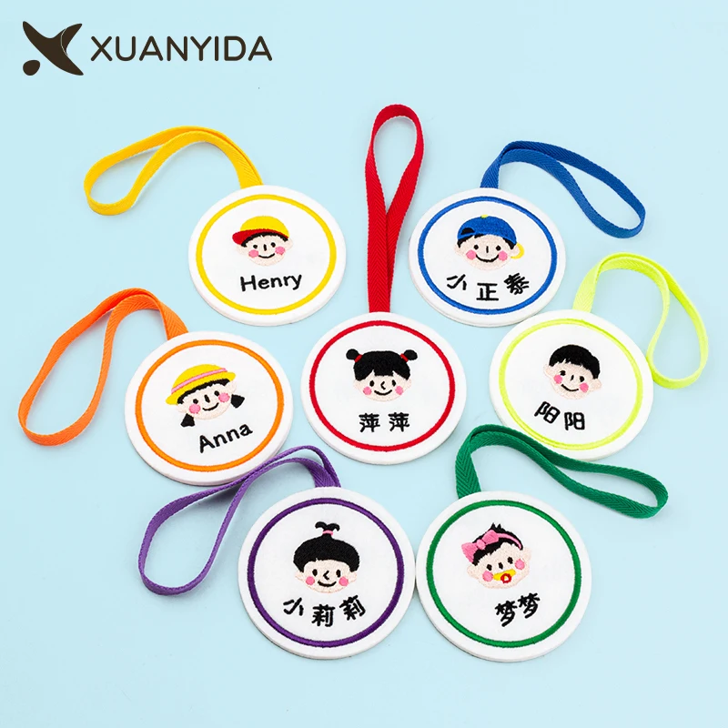 Customized Kindergarten Baby Name Keyring Patch Embroidery Name Stickers To Cloth Hat Baby Kindergarten School Bag Round Lanyard