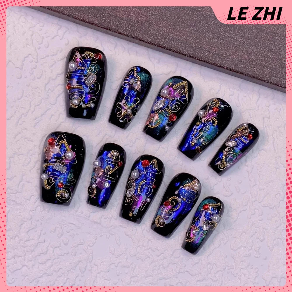 

Chinese Intangible Cultural Heritage Cloisonne Handmade Press On Nails Vintage Cat Eyes Pearl Diamond Long Coffin Fake Nails