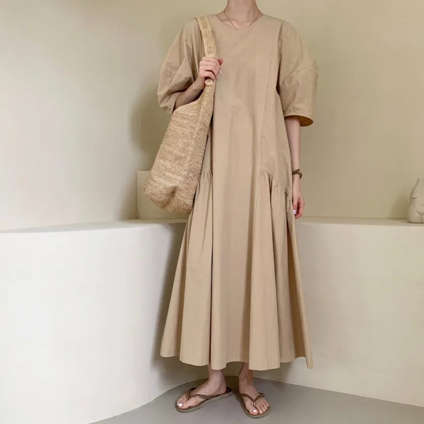 REALEFT estate 2024 nuovi abiti lunghi da donna irregolari a vita alta con maniche a sbuffo o-collo Casual abito dritto allentato femminile