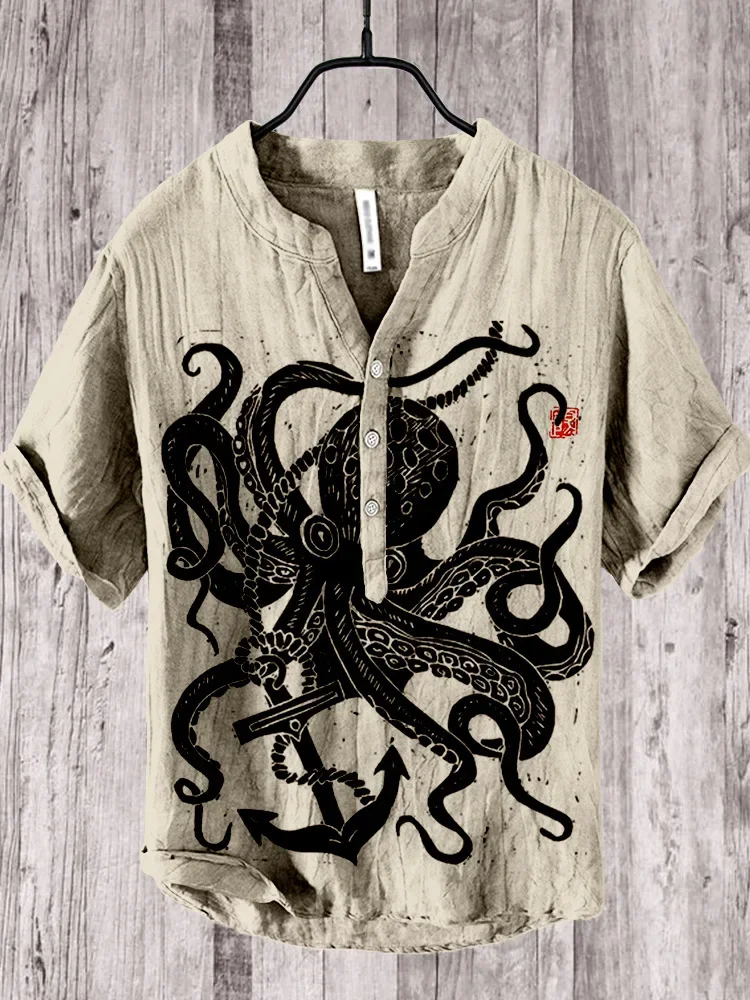 

Giant Octopus Print Men's Shirt Hawaiian Casual Everyday Men's Short Sleeve Henley Collar Shirt Plus Size Comfortable Men's Top