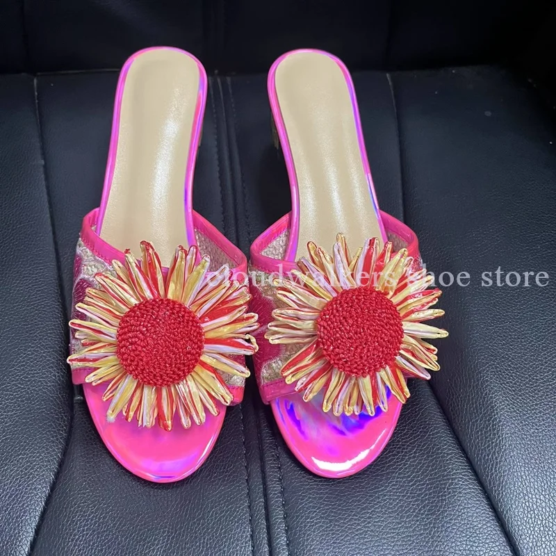 Iridescent Embroidery Upper Sunflower Embellished Summer Slipper Hand-Painted Flower Square Heel Playful Design Peep Toe Slipper