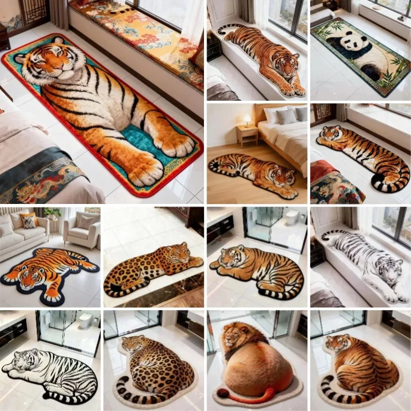 2D Flat Creativity Tiger Bedroom Carpet Water-absorbing Non-slip Doormat Abrasion-resistant Lifelike Bedside Rug Home Decor