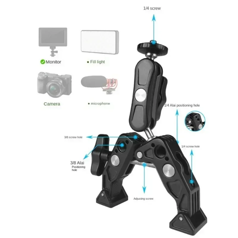 Super pince en métal avec rotule à 360 °, pince à bras magique avec trou de 1/4 "3/8" pour appareil photo reflex numérique, moniteur, lumière LED, micro