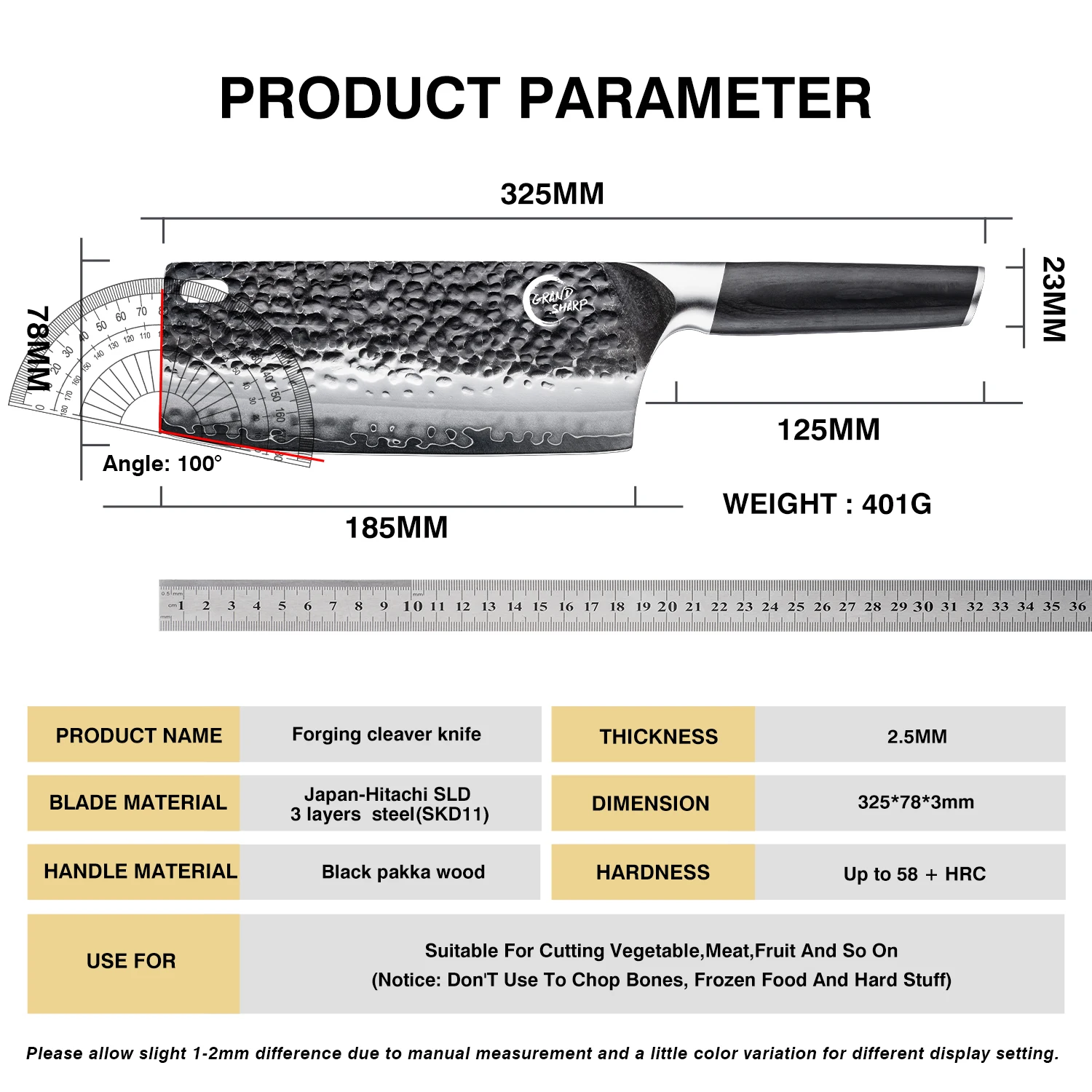 Grandsharp Cleaver Knife Japan Hitachi SLD 3 Layers Steel (SKD11) Black Pakka Wood Durable Kitchen Knife For Chopping Meat Fish